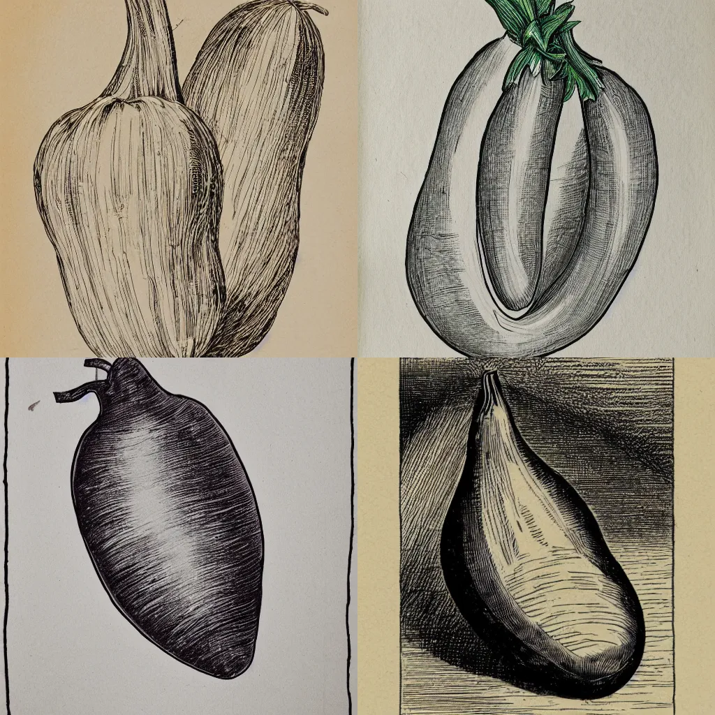 Prompt: culty line drawing of an eggplant on papyrus