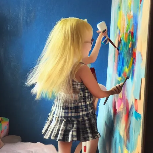 Image similar to a little girl with blonde hair paints in her room, trending on artstation