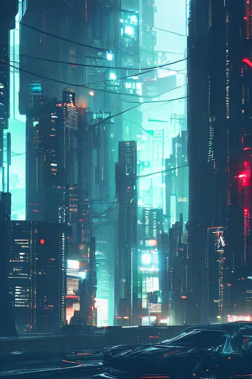 Image similar to a skyline at night, cyberpunk style, digital painting, concept art, smooth, sharp focus, hyperrealistic, illustration, artstation trending, octane render, unreal engine, ambient light, dynamic lighting, magical, dark vibes, Cyberpunk 2077