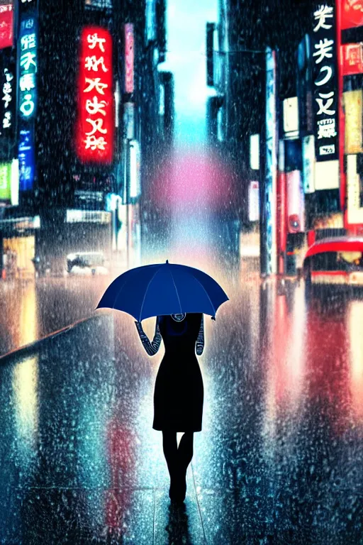 Image similar to A megan fox with an umbrella waiting to cross Shibuyas crossing in Japan, back facing the camera, rainy afternoon, beautiful volumetric lighting, intricate, digital painting, cyberpunk colours