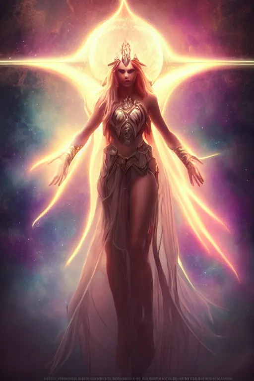 Prompt: beautiful cinematic fantasy poster, goddess of light and love, beautiful glowing galaxy eyes, hybrid from The Elden Ring and art direction by Darius Zawadzki ;by artgerm; wayne reynolds art station; cinematic quality character render; low angle; ultra high quality model; production quality cinema model;