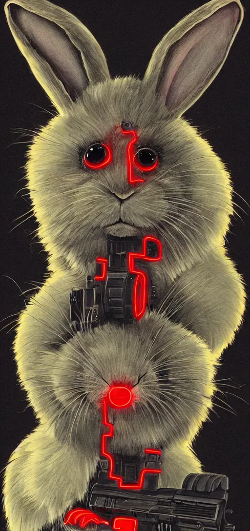 Image similar to portrait of neon fur rabbit with red eyes and a machine gun , 8k, highly detailed, sharp, realistic, in style of Brom