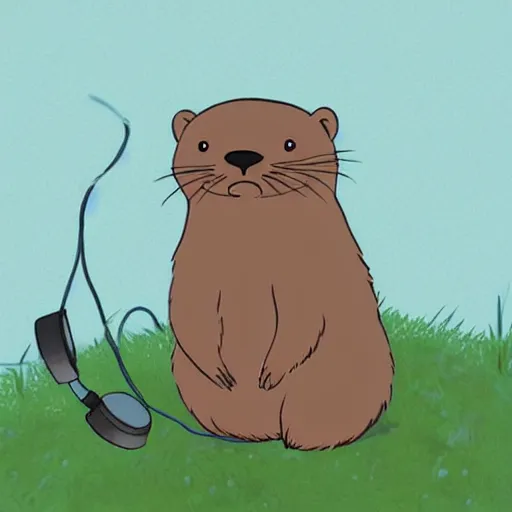 Prompt: otter with a headphone overears in the style of ghibli animations