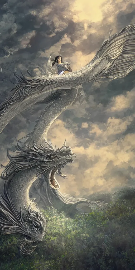 Image similar to the beautiful hyper detailed scene render that a lonely beautiful girl lies in the arms of a huge silver white dragon alone in fairyland surrounded by white clouds, finely detailed angelic face delicate features, style of studio ghibli, makoto shinkai, raphael lacoste, louis comfort tiffany, artgerm, james jean, ross tran, animation style, hd, ultra wide angle