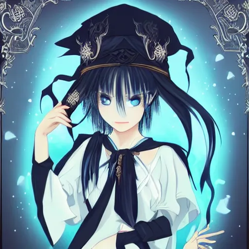Image similar to beautiful female wizard, blue eyes, black clothing, daughter of death, cute, japanese style anime, intricate