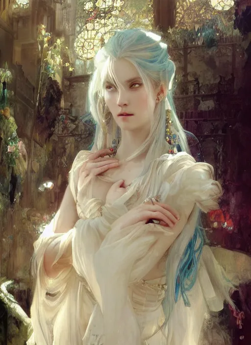 Image similar to a beatiful white haired princess, adorned with precious stone jewelry, intricate concept art, ethereal, ominous, dramatic lighting, Ruan Jia and Jeremy Mann and Alphonse Mucha