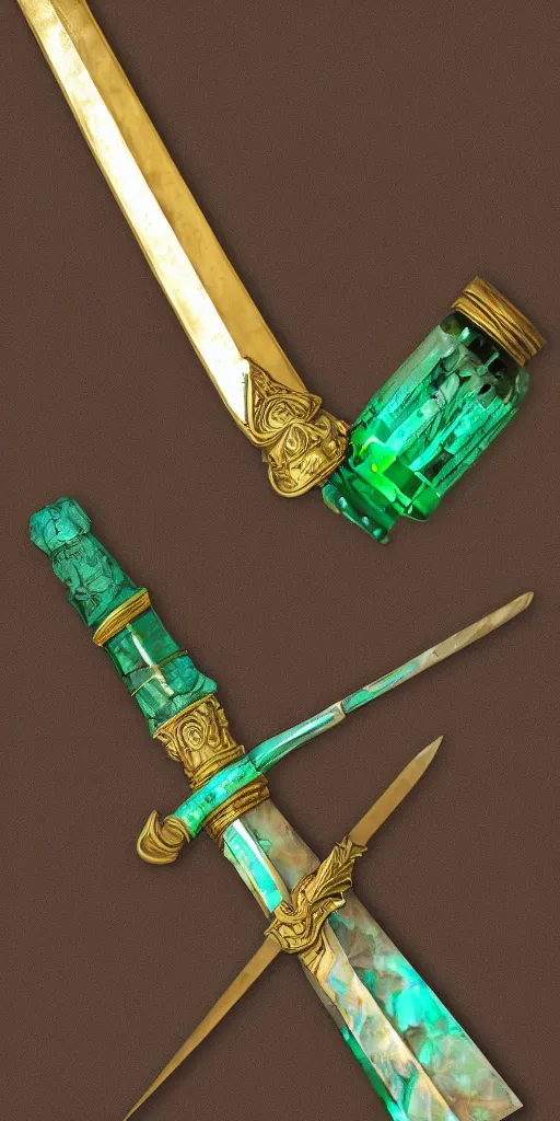 Image similar to photograph of a large green and teal crystal sword with a gold sword hilt