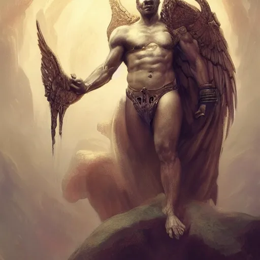 Prompt: full body shot of a male god with wings on his shoulder, highly detailed, by raymond swanland and peter mohrbacher, face by odd nerdrum, character concept art, hyperrealistic, digital paint, rule of third, fantasy, elegant, matte, 4 k, cinematic lighting