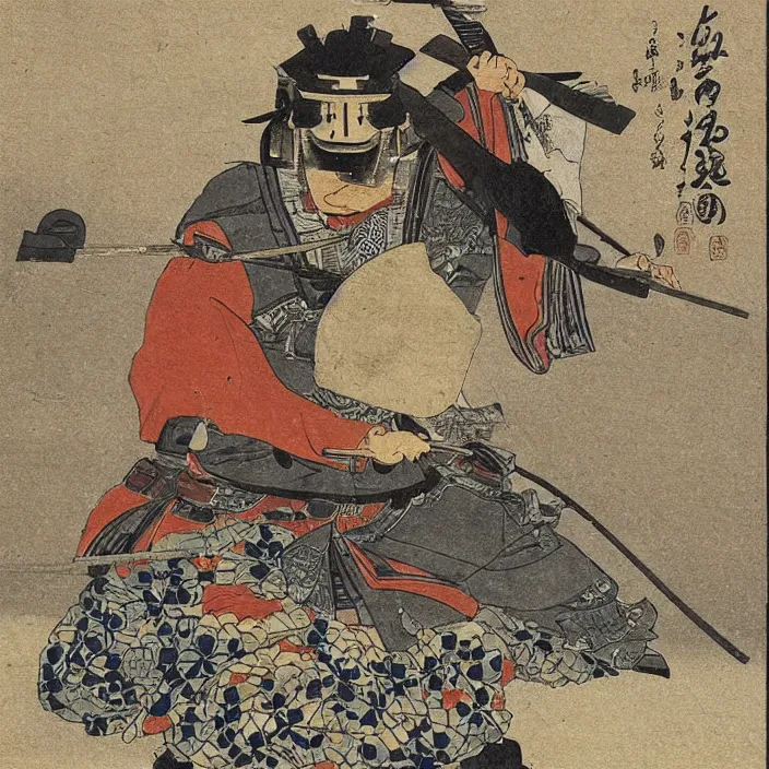 Prompt: a samurai firing a machine gun