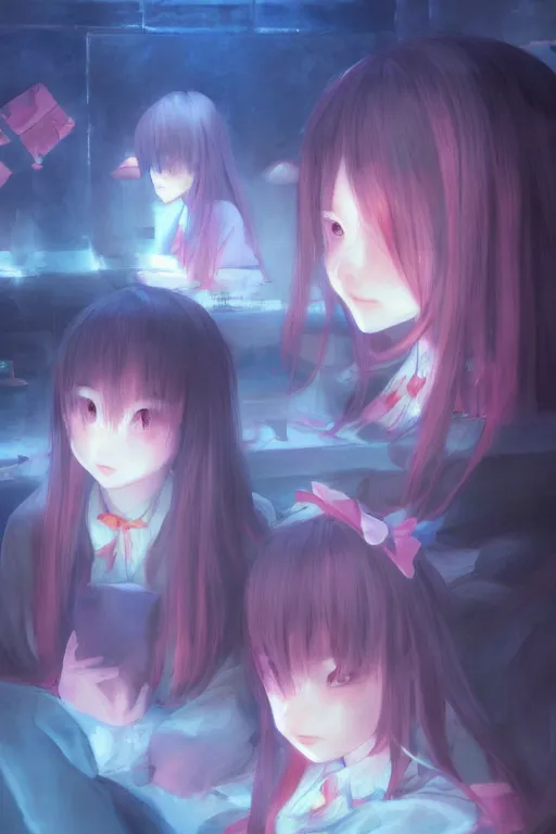 Prompt: 3d infrared octane render concept art by Mo Xiang Tong Xiu, by Igarashi Daisuke, by makoto shinkai, cute beauty cozy portrait anime sad schoolgirls under dark pink and blue tones, mirror room. light rays. deep water bellow. beautiful sad face. dramatic deep light, trending on artstation, oil painting brush