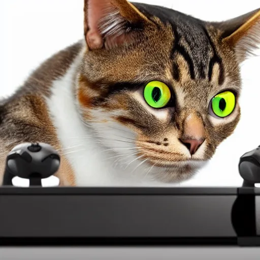 Image similar to cat playing xbox, photo, stock photography, gamer cat, controller, headset, highly detailed