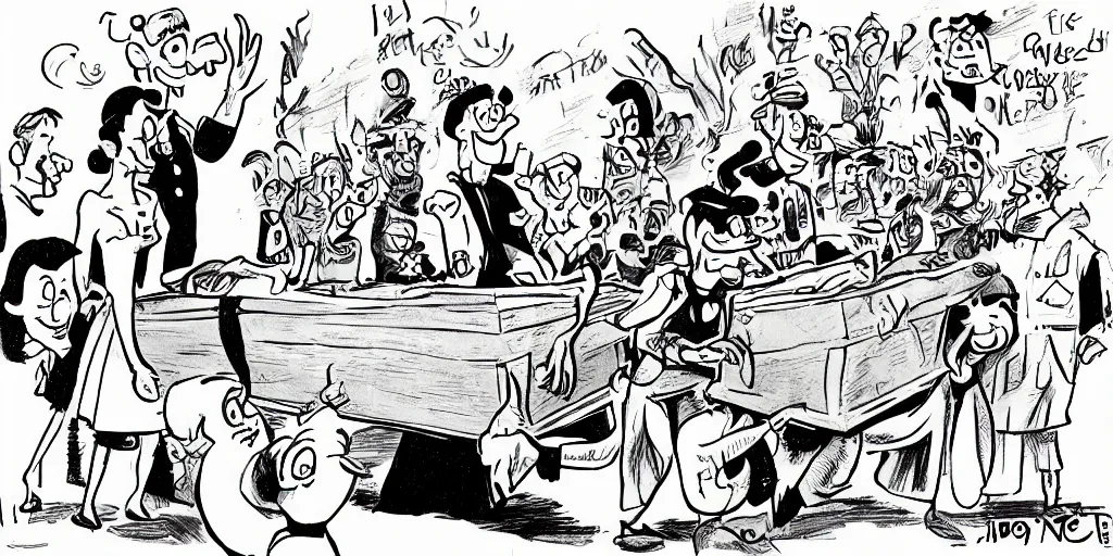 Prompt: cartoon illustration of Olive Oyl (popeye's girlfriend) with isacc newton and john lennon watching a coffin at a wake, trending at artstation, trending at deviantart
