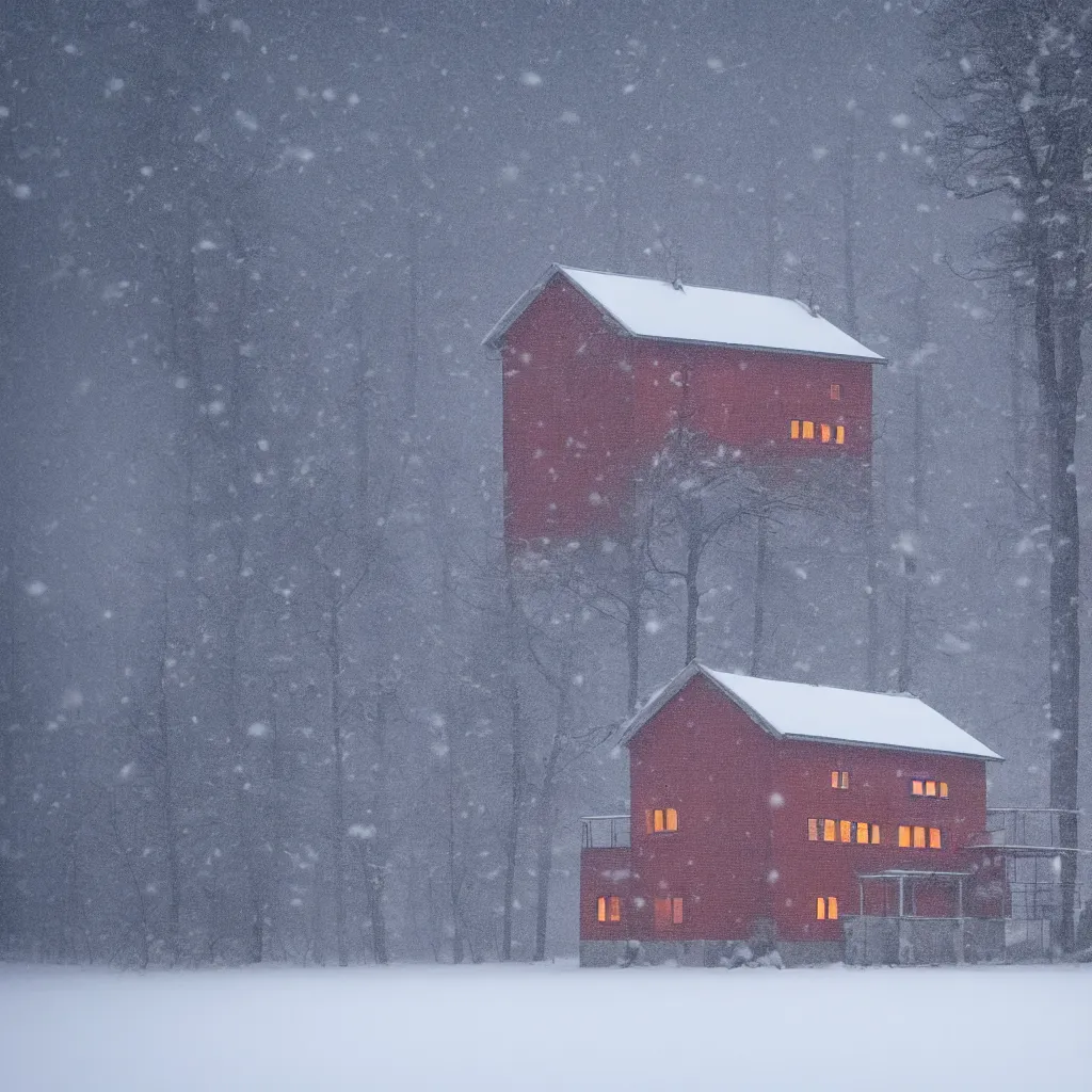 Image similar to landscape with brutalistic soviet architecture style house, near foggy forest and small pond, dark winter evening, snowing, strong, blizzard, atmospheric, mystical, very detailed 4 k, professional photography