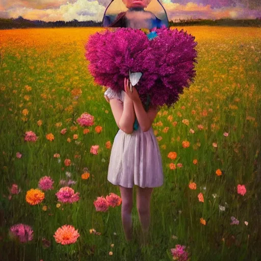 Image similar to girl with a singular flower for a head, surreal photography, dream, standing in flower field, magical, in a valley, sunrise dramatic light, impressionist painting, colorful clouds, artstation, simon stalenhag, flower face