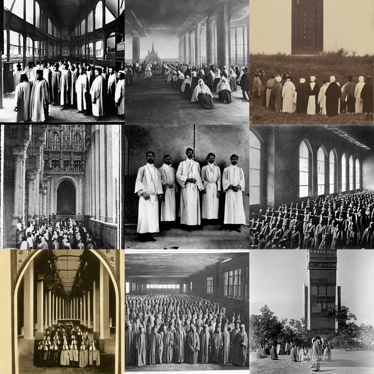 Prompt: worshippers in the 1800s dressed in robes belonging to the cult of the skyscraper. a massive skyscraper built in the middle of nowhere. 1800s photo.