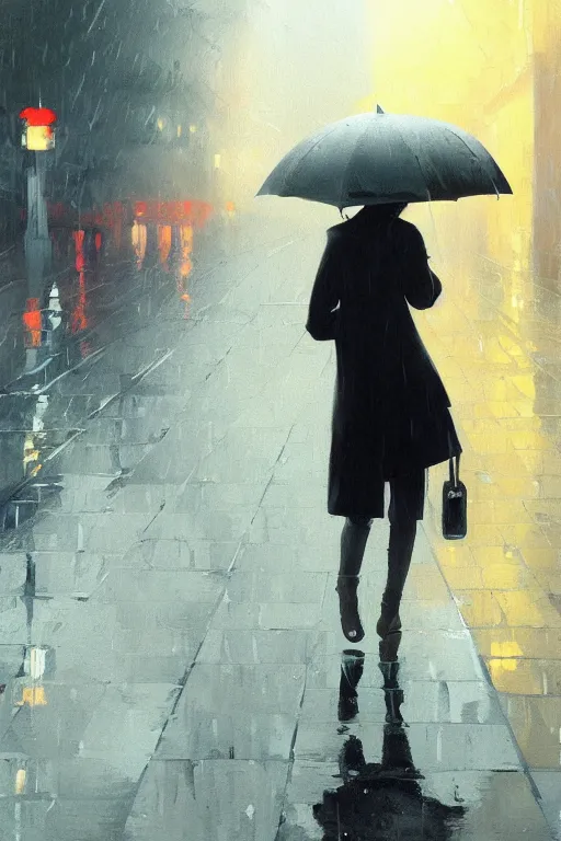 Prompt: A ultradetailed beautiful panting of a stylish girl with an umbrella, rainy day, Oil painting, by Ilya Kuvshinov, Greg Rutkowski and Makoto Shinkai