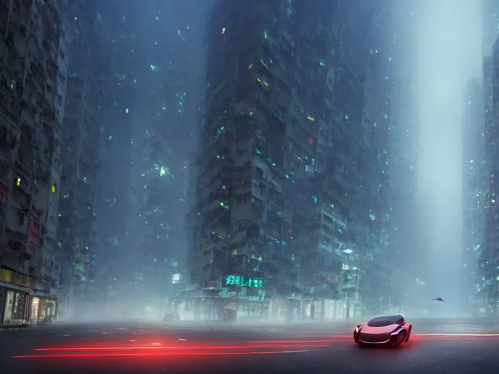Prompt: movie still of a flying car in the middle of a foggy hong kong street, artstation, volumetric light, high detail, reflections, perfect, concept art, hdr, 8 k