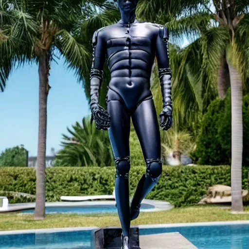 Image similar to a realistic detailed photo of a guy who is an attractive humanoid who is half robot and half humanoid, who is a male android, twitch stream ninja tyler blevins, shiny skin, posing like a statue, blank stare, by the pool, on display