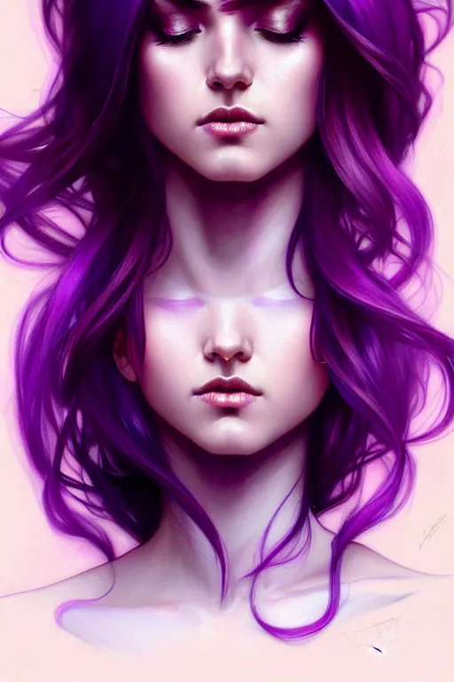 Image similar to Purple hair, creative colouring Portrait of woman, fashion, colored strands of hair, intricate, elegant, highly detailed, digital painting, artstation, concept art, smooth, sharp focus, illustration, art by artgerm and greg rutkowski and alphonse mucha