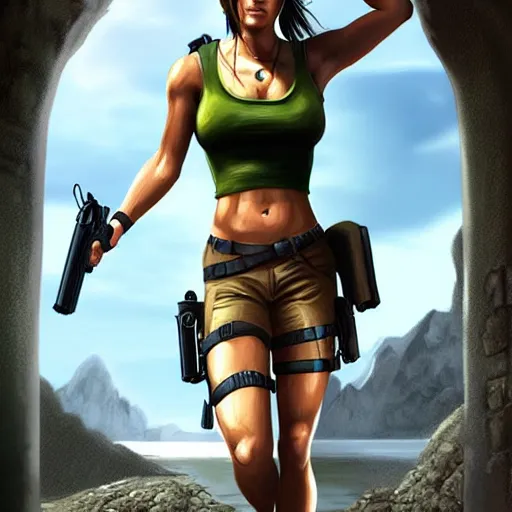 Prompt: lara croft, hyper detailed masterpiece, digital art painting, hyper realism aesthetic