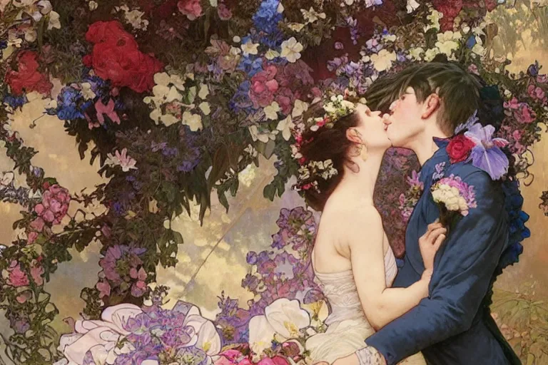 Image similar to the groom kisses the bride at a wedding full of flowers, bright and happy, dreamlike art, highly detail, 4 k realistic, wedding photoy krenz cushart. artem demura. alphonse mucha. yoji shinkawa artgerm. jon lothian. danilo torres. adi meyers. thomas reimann. gaston bussiere.