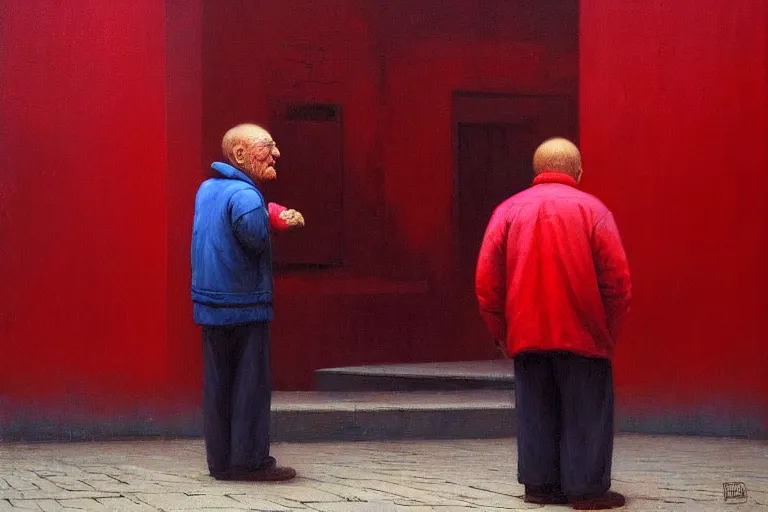 Image similar to only with red, a red old man try to sell a portrait, cheering crowd, in a old city square, in the style of beksinski, parts by edward hopper, parts by rodcenko, parts by yue minjun, intricate and epic composition, red by caravaggio, insanely quality, highly detailed, masterpiece, red light, artstation, 4 k