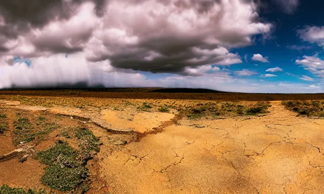 Image similar to beautiful panorama of many magnificent big raindrops flying upwards into the perfect cloudless blue sky from a dried up river in a desolate land, dead trees, blue sky, hot and sunny highly-detailed, elegant, dramatic lighting, artstation, 4k, cinematic landscape, masterpiece photograph by Elisabeth Gadd