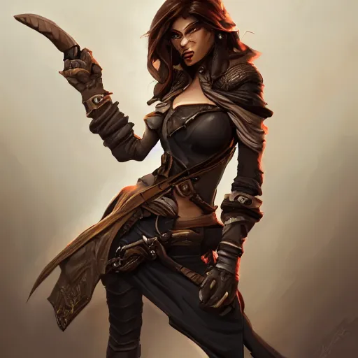 Prompt: Portrait of full body of female rogue, intricate, elegant, highly detailed, digital painting, artstation, concept art, smooth, sharp focus, illustration, art by MasterHearthstone, Hearthstone art style