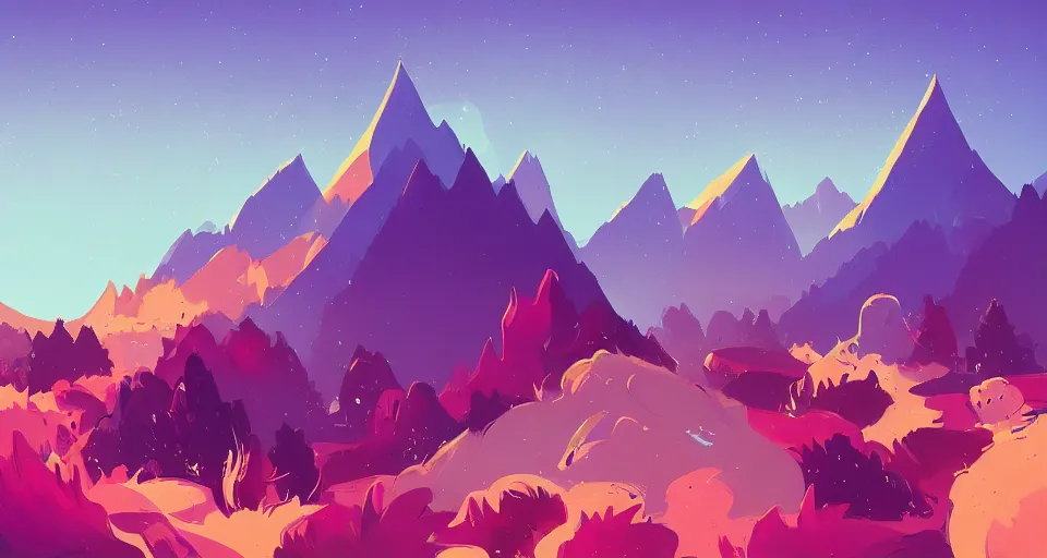 Image similar to a beautiful landscape with trees and mountains, by anton fadeev