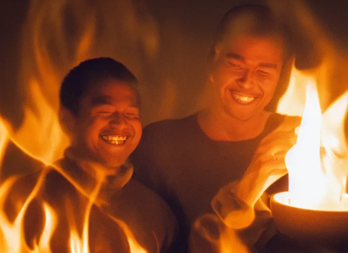 a man smiling while staring into a flame at night Stable Diffusion