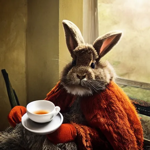 Prompt: a fluffy brown rabbit muppet wearing monk garb and holding a wolf skull mask and sat beside a cup of tea, photorealistic, nature, photography, national geographic, sesame street