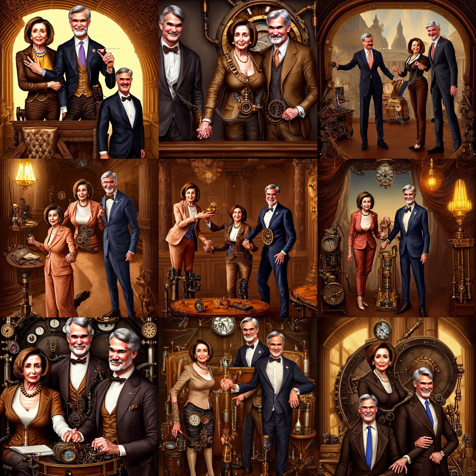 Prompt: epic professional symmetrical digital art of nancy pelosi and jerome powell, steampunk accent lighting, painted, intricate, detailed, cheery, fun, effervescent, by roberto ferri, epic, stunning, gorgeous, much wow, much detail, cinematic, masterpiece, unreal engine render