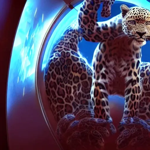 Image similar to A beautiful scene from a 2020 sci-fi film featuring a humanoid leopard wearing a white and blue uniform in a starship bridge. An anthropomorphic leopard in a futuristic uniform.