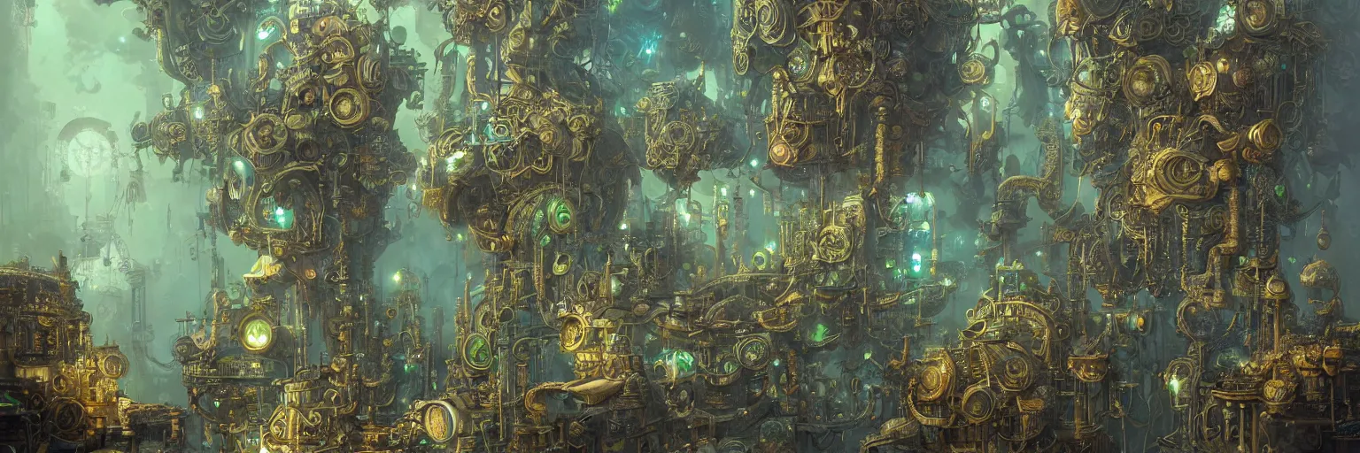 Image similar to Marc Simonetti, Mike Mignola, smooth polished metal with detailed line work, Mandelbulb flowers and trees, Exquisite detail, blue neon details, green neon details, white neon details, hyper detailed, intricate illustration, golden ratio, steampunk, smoke, neon lights, steampunk desert background, by peter mohrbacher