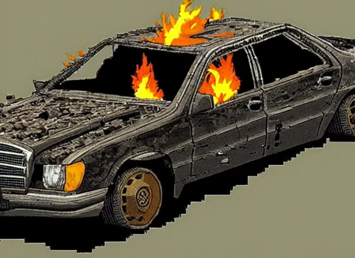 Image similar to burning wrecked mercedes 1 2 4, pixelart by kirokaze, award winning. dramatic. trending on artstation, low resolution sync, by monochrome game boy games