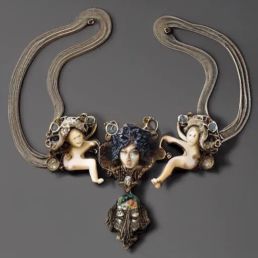 Image similar to beautiful artnouveau style necklace made of the face of a demoness and vampiress showing love with gem flowers in the style of René lalique