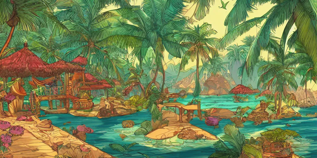 Image similar to tropical island, 8 k, high resolution, detailed drawing, beautiful hd, art nouveau, concept art, colourful, in the style of vadym meller