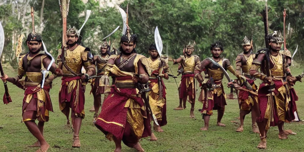 Prompt: sri lankan warriors with swords, film still, fantasy movie style