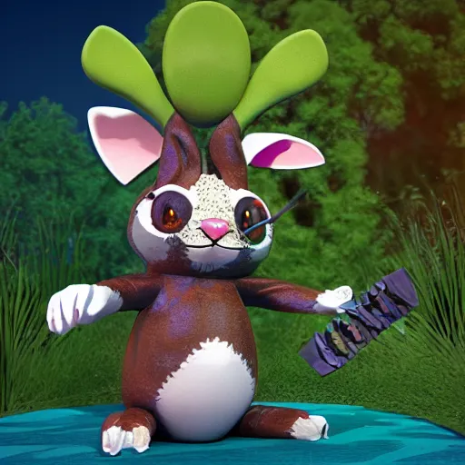 Prompt: a cute fluffy rabbit holding a flint knife slices through water, zbrush keyshot render, alebrijes aesthetic. rubberhose animation character style, toon render keyshot