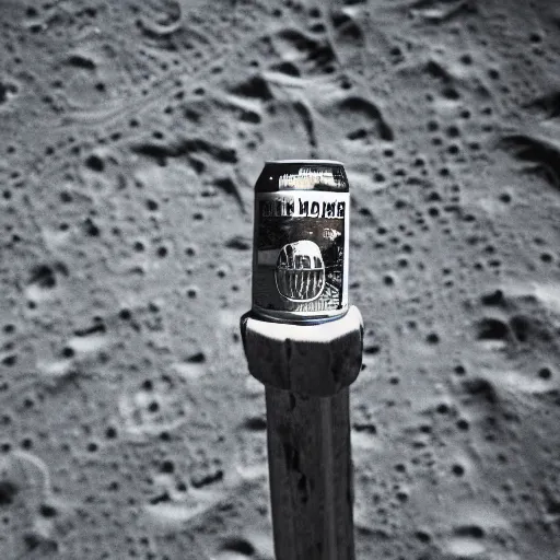 Image similar to a closeup photo of a beer can on the moon. a closeup photo of a headstock of a guitar