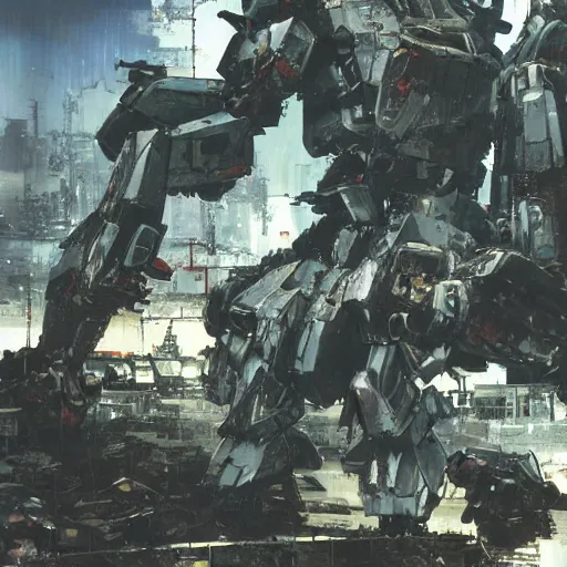 Image similar to destroyed mecha junkyard, matte painting, by yoji shinkawa