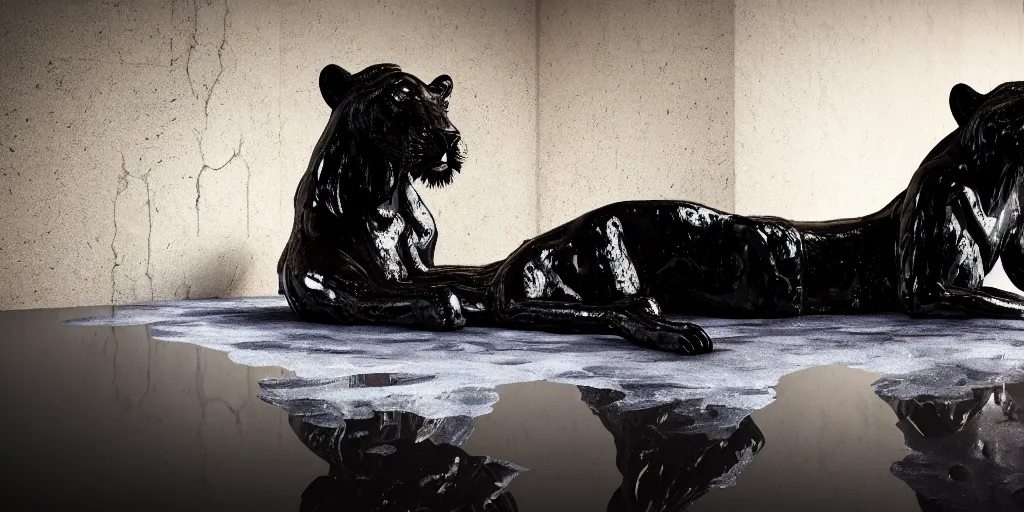 Image similar to the black lioness made of tar, bathing in the bathtub filled with tar, dripping tar, drooling goo, sticky black goo, photography, dslr, reflections, black goo, rim lighting, modern bathroom, hyper realistic, 8 k resolution, unreal engine 5, raytracing
