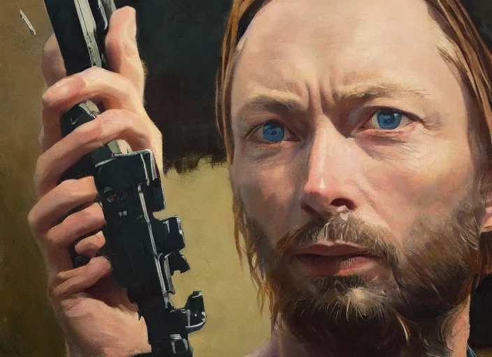 Image similar to a highly detailed beautiful portrait of thom yorke with a gun, by gregory manchess, james gurney, james jean