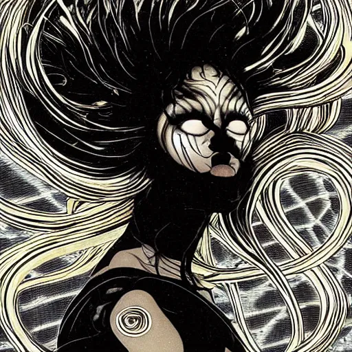 Image similar to x - ray portrait closeup of screaming black reflective glossy dark beautiful woman with hair made by snakes, sensual pose, symmetrical, glitches, by yoichi hatakenaka, masamune shirow, josan gonzales and dan mumford, ayami kojima, takato yamamoto, barclay shaw, karol bak, yukito kishiro, moebius