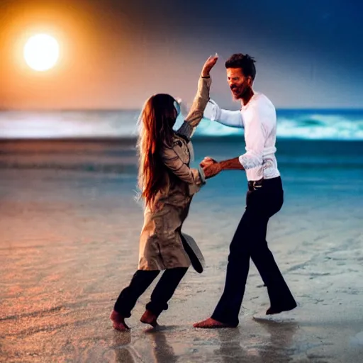 Prompt: weathered color photo of a man and woman both wearing trenchcoats, dancing together on a beach during cloudy weather at night, very dark