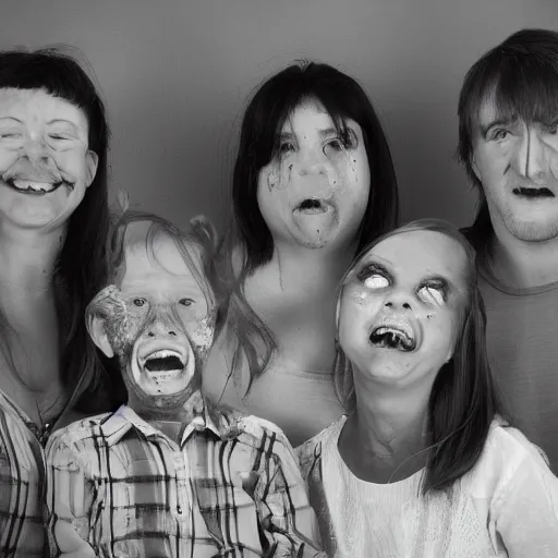 Prompt: family portrait studio of ugly family big rond eyes bad rotten teeth and smile, horrible scary family laughter by Douggy Pledger, grainy image