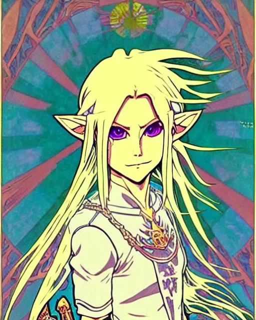 Image similar to link as the fierce diety form with white hair!! from the legend of zelda!! portrait illustration, pop art, splash painting, art by geof darrow, ashley wood, alphonse mucha, makoto shinkai