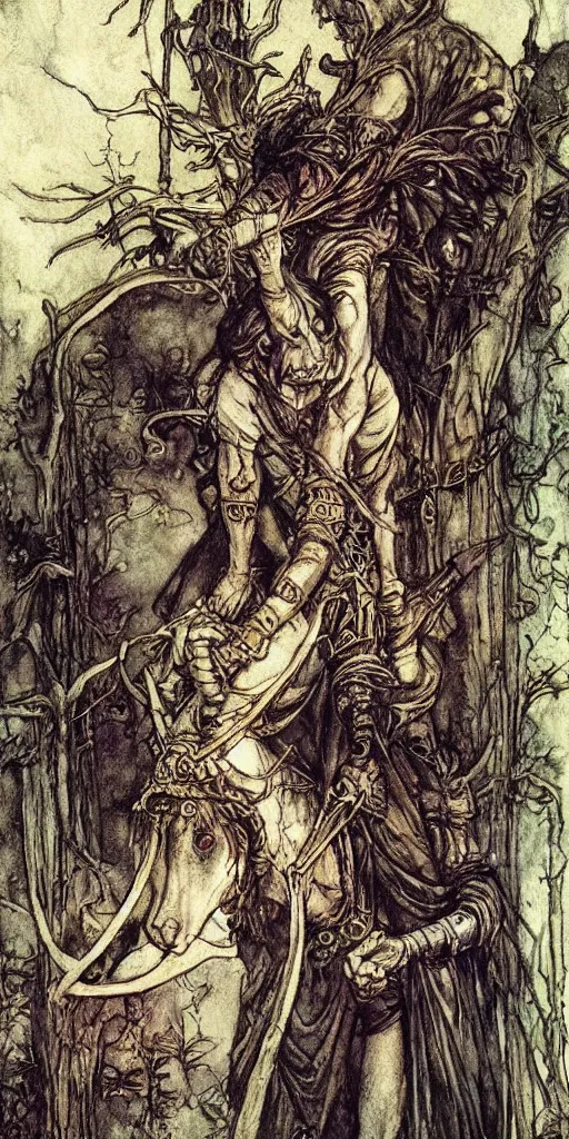 Image similar to tarot card detailed painting, illustration, colorful, tarot card ornate framing with roman numerals, in style of Arthur Rackham, Jakub Różalski