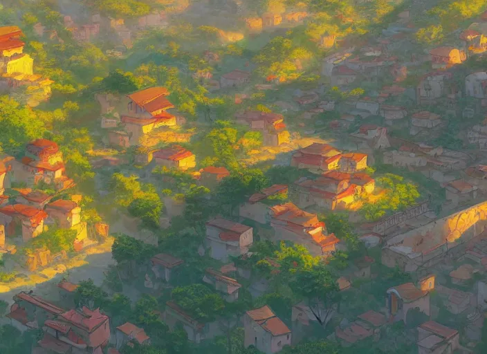 Image similar to concept art painting of a small village in a valley seen from above, european japanese buildings, early morning, cel shaded, detailed, realistic, by makoto shinkai and moebius and anton fadeev and james gurney