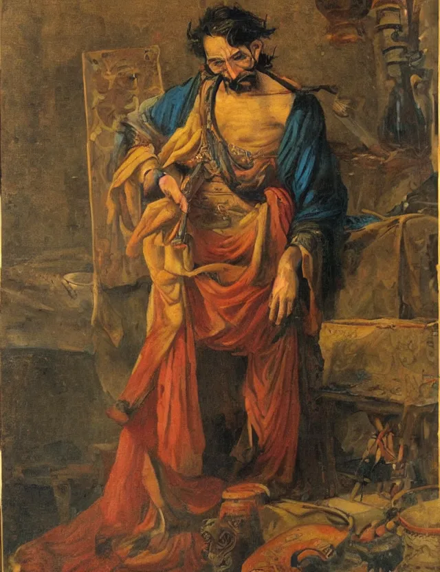 Prompt: orientalist painting of disheveled sunken - eyed sorcerer painter